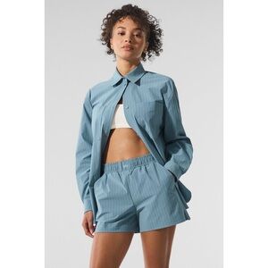 Alo Yoga Dark Celestial Blue White Pinstripe Daylight Button Down Long Sleeve M